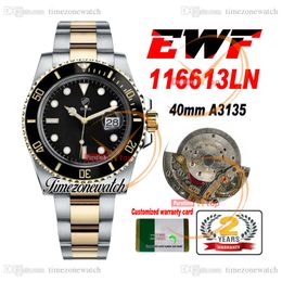 EWF 40mm A3135 Cal 3135 Automatic Mens Watch Two Tone 18K Yellow Gold Ceramics Bezel Black Dial Date 904L Steel Case With Same Serial Warranty Card Timezonewatch B1