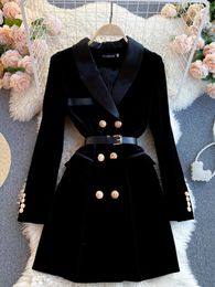 Autumn Winter Black Velvet Blazer Coat Women Long Sleeve Double Breasted Notched Suit Jacket Office Ladies Belted Slim Outwear 240113