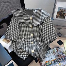 Women's Jackets Design Kawaii Shirts Peter Pan Collar Short Sleeve Plaid Button Decoration Blouses Summer Preppy Style Cute 2000s Girl Clothing YQ240115