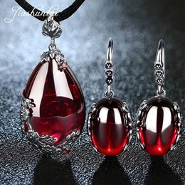 Necklaces Jiashuntai Vintage Garnet Sterling Sier Drop Earrings R Gemstone Pendant Necklace for Women Jewelry Sets