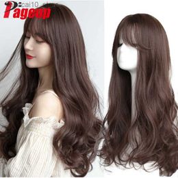 Synthetic Wigs Pageup Synthetic Hair Long Wavy Black Wig With Bangs For Black Women Dark Brown Body Wave Cosplay Natural Heat Resistant Hair Q240115