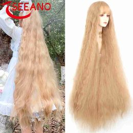 Synthetic Wigs SEEANO 120cm Synthetic Long Curly Cosplay Wig With Bangs Red Light Blonde Cute Lolita Wig Women Halloween Cosplay Wigs Female Q240115