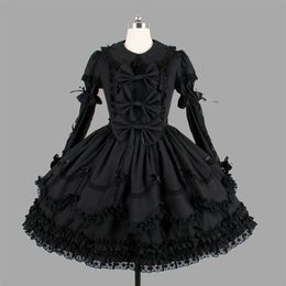 Theme Costume Customised Classic Black Cotton Lolita Dresses Long Sleeve With Removable Layered Cosplay Costume for Girl302D