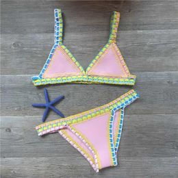 Swimwear Women's Swimwear Crochet Bikini Swimwear Women Sexy Knit Patchwork Handmade Neoprene Boho Beachwear Bathing Suit Swimsuit Brazilia