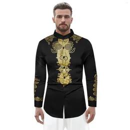 Ethnic Clothing African Dashiki Print Men'S Turn-Down Collar Button Shirts Casual Long Sleeve Tops Hip Hop Style Streetwear Clothes