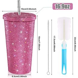 500750ml Straw Cup with Lid Reusable Rhinestones Stainless Steel Double Layer Thermos Cups Glitter Coffee Mug Water Bottle Gift 240115