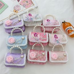 Girls pearls chain handbags kids rhinestones letter stereo flower applique single shoulder bag sweet children sequins lace princess messenger bags Z6721