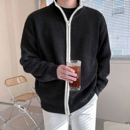Mens Knitted Zipper Cardigan Sweater Stand Collar Solid Color Long Sleeve Casual Streetwear Fashion Loose Coat Autumn 240113