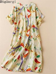 Basic Casual Dresses Basic Casual Dresses Robe fleurs vintage pour femmes grande taille dcontracte coton lin imprim pull midi t YQ240115