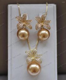 Dangle Earrings Z12671 Set Golden Round South Sea Shell Pearl Gold Plated Lily Flower Pendant Earring CZ