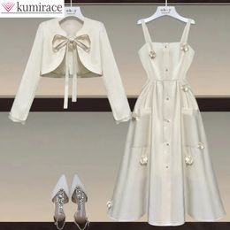 Autumn Bow Short Tops Thin Blazer Flower Pleated Strap Dress Two Piece Elegant Womens Office Set 240115