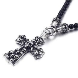 Fashion Punk Rock Black Glass Bead Skull Pendant Necklace For Men Women Stainless Steel Cross Necklaces & Pendants 50CM Long Jewel203E