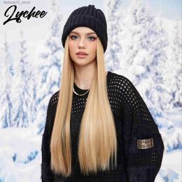 Synthetic Wigs 2024 New Hat Wig for Women Winter Warm Soft Knitted Cap Multiple Colors Hats Hair Long Straight Q240115