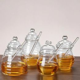280-500ml Glass Honey Jar Honey Dispenser With Dipper Transparent Unique Bee Hive Shape Honeypot Home Kitchen Tools Food Storage 240113