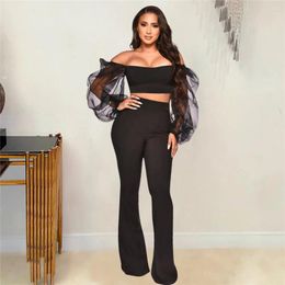 Women's Two Piece Pants Sexy Sets Fashion Autumn Outfits For Women 2024 Off-The-Shoulder Organza Puff Sleeves Crop Top And Matching