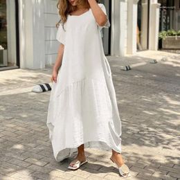 Party Dresses 2024 Casual Summer Women Dress Solid Colour Short Sleeve O-Neck Pocket Loose Elegant Ankle-Length