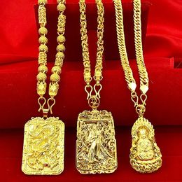 18k Yellow Gold Necklace for Women Men Hollow Guanyin Golden Dragon Pendant Necklace Wedding Engagement Not Fade Jewelry Gift 240115