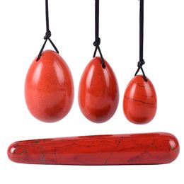 4PCS Set Yoni Eggs Massage Stone Red Jasper Eggs Drilled Mineral Ball Kegel Massage Pelvic Floor Muscle Vaginal Relax Exercise For Women