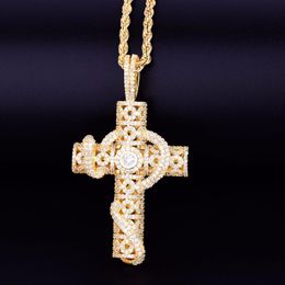 Men's Animal Snake Cross Pendant Necklace with Rope Chain Gold Colour Bling Cubic Zirconia Hip hop Rock Jewelry235J