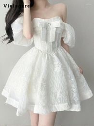 Party Dresses 2024 Summer Fairy Luxury Sexy Puff Sleeve Sweetheat Neck For Women French Elegant Bow White Slim Fit Princess