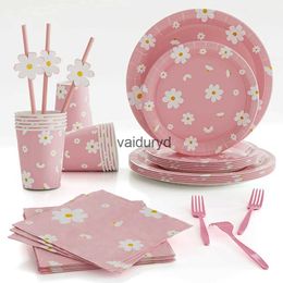 Disposable Dinnerware Daisy Theme Birthday Party Decor Pink Disposable Tableware Daisy Paper Plate Napkin for Baby Shower Birthday Party Wedding Decorvaiduryd