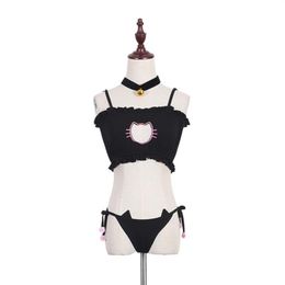 Whole-Cosplay Kawaii Lingerie Set Cat Embroidery Bra Briefs Bell Choker Collar Women Underwear259A