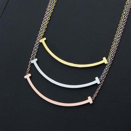 New Arrive Fashion Classic Lady 316L Titanium steel Smile Lettering 18K Plated Gold Necklaces With Double T Letter Pendant 3 Color254z