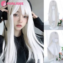 FORLISEE White Wig Women's Long Hair Full Head Cover Lolita Japanese Cos Air Bang Long Straight Hair Wig Cover240115