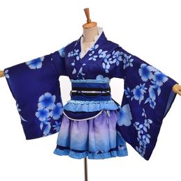 Japanese Yukata Kimono Costume Sonoda Umi Blue Anime Cosplay Robe233A