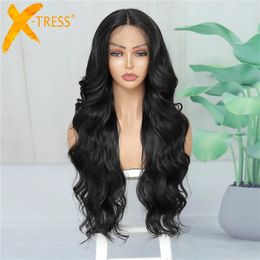 X-TRESS Long Body Wave Synthetic Lace Front Wig Middla Part Black Color Natural Hairstyle with Baby Hair Daily Wavy Hair Wigs240115