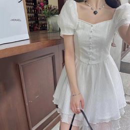 Party Dresses Purple Chiffon Women Summer Vintage Square Neck Bubble Sleeves Mini Dress Female Casual Cute Slim A-line Vestidos