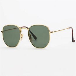 High Quality Mens Womens Hexagonal Sunglasses Irregular Eyewear Sun Glasses Gold Metal Green Glass Lenses 51mm265e