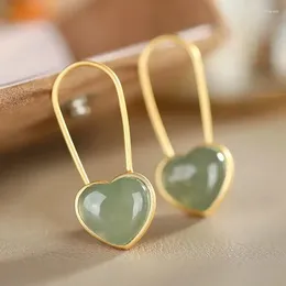 Dangle Earrings Silver Inlaid Natural Hetian Jade Heart-shaped Ear Hooks Chinese Style Retro Romantic Small Fresh Fairy Cute Brand Jewellery