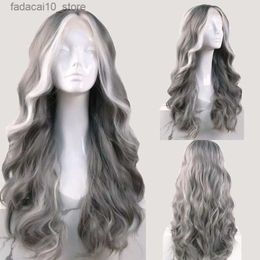 Synthetic Wigs Grey Synthetic Lace Wigs Soft Long Wavy Lace Front Wig Grey Wigs Heat Resistant Natural Hairline Highlight for Women Cosplay Wig Q240115