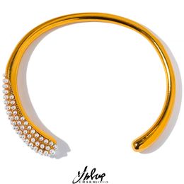 Yhpup Elegant Imitation Pearls Geometric Stainless Steel 18K Gold Colour Cuff Bracelet Bangle Personalised Texture Jewellery Gift 240115