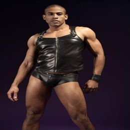 Men Sexy PU Faux Leather Lingerie Set Black Sleeveless Zipper Tops Clubwear Fetish Briefs Wrestling Singlet Costume208E