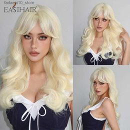 Synthetic Wigs EASIHAIR Platinum Blonde Lolita Cosplay Synthetic Wigs Long Wavy Hair Wig with Bang for Women Daily Natural Heat Resistant Fibre Q240115