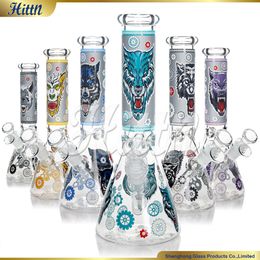 Heavy Glass Bong Cartoon Wolf Decals Hookahs Beaker Base 5mm Thick Glass Smoking Water Pipe 14mm Joint Accessories 10 Inches