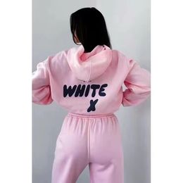 WF-Women Womens Letter Print 2 Piece Outfits FOX Cowl Neck Long BLACK WHITE Sleeve Sweatshirt and Pants Set Tracksuit A4
