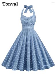 Casual Dresses Tonval High Waist Vintage Polka Dot 50s Swing For Women 2024 In Halter Neck Tie Back Pocket Cotton Dress