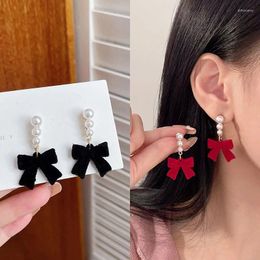 Dangle Earrings Red Bow Flocked Women's Minimalist Pearl Plush Ear Accessories