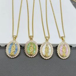 Pendant Necklaces Micro Inlaid Colour Zircon Virgin Mary Lady Of Guadalupe Medal Charms Necklace For Woman Fashion Enamel Religion Jewelry