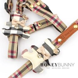 Pet Dog Harness Leash 2 Sets Classic Check Bow Teddy Collar Dog Walking Rope Chain For Small Medium Pet Harness Suit Leash Set 240115