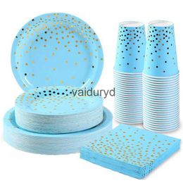 Disposable Dinnerware Wedding Bronzing polka dot blue tableware set paper cup paper plate for Disposable tableware birthday party supplies decorationvaiduryd