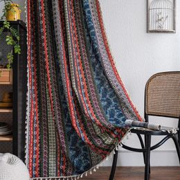 Farmhouse Geometric Striped Curtain Semi-Blackout Treatments for Living Room BedroomBoho Style Linen Window Drapes with Tassel 240115