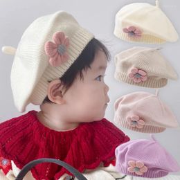 Hair Accessories Flower Beret Knitted Flat Top Baby Hat Winter Warm Wool Knitting Hats For 1-4 Years Child Fashion Caps Painter Berets