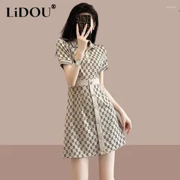 Casual Dresses Summer Korean Fashion Polo-neck Printing Mini Dress Lady Short Sleeve Waist Trend Robe Women Slim Vestidos De Fiesta