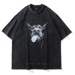 Men Gothic T-shirts Hip Hop Streetwear Letter Dog Printed Punk Tops Summer Vintage Washed Oversized Short Sleeve T Shirts 240113