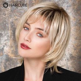 Synthetic Wigs Short Layered Blonde Wig Straight Bob Synthetic Blend Human Hair Wigs with Bangs for Women Daily/Cosplay Use Heat Resistant Hair Q240115