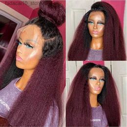 Synthetic Wigs 28 inch Soft Ombre Burgundy Yaki Kinky Straight Synthetic Lace Wig For Women Hairline Lace Front Wigs With Baby Hair Q240115